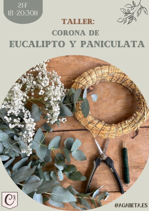 Imagen publicitaria del producto taller de corona de eucalipto y paniculata